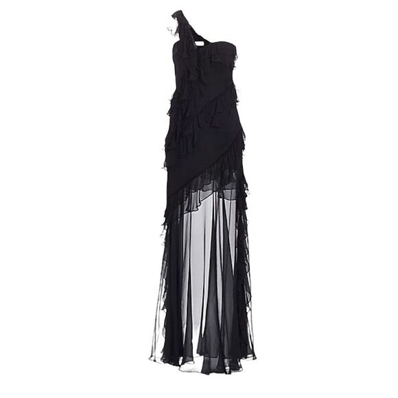AMUR Harlow Silk Sleeveless One-Shoulder Ruffle Maxi Dress Black 0 - Picture 3 of 16
